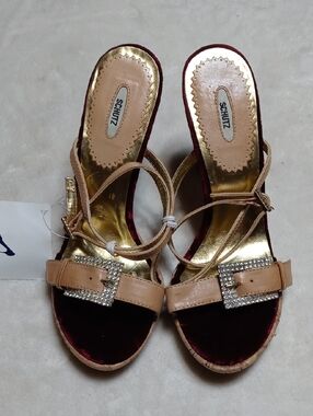SCHUTZ Tan Strappy Heels with Burgundy Velvet Footbed and Rhinestone Buckles 38